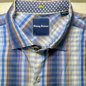 Men’s Tommy Bahama Shirt Large Blue Check Plaid Dress Button Up Polka Dot Collar